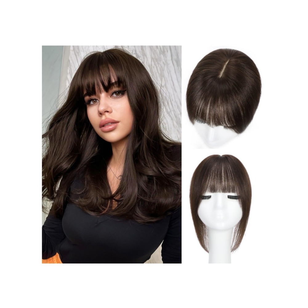 Real Human Hair Topper 12in Wispy Bangs Dark Brown Thinning Crown Brunette